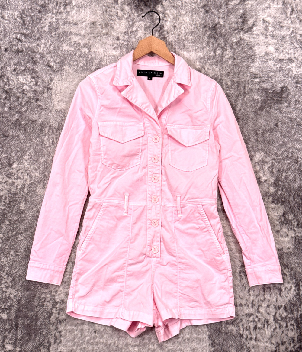 Veronica Beard Utility Romper XS Womens Pink Twill Collared Long Sleeve